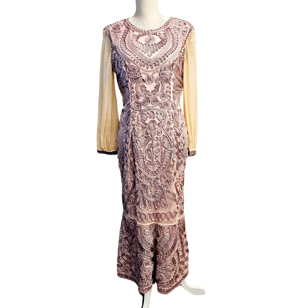 JS Collection RARE Soutache Purple Lace Sheer Sleeve Midi Flute Dress $350 Sz 12 - Picture 2 of 10